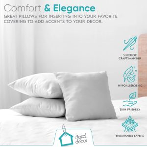 Digital Decor Premium Hypoallergenic Throw Pillow Inserts Sham – Decorative White Square Form Pillow Inserts – Perfect for Bedroom. Sofa & Couch